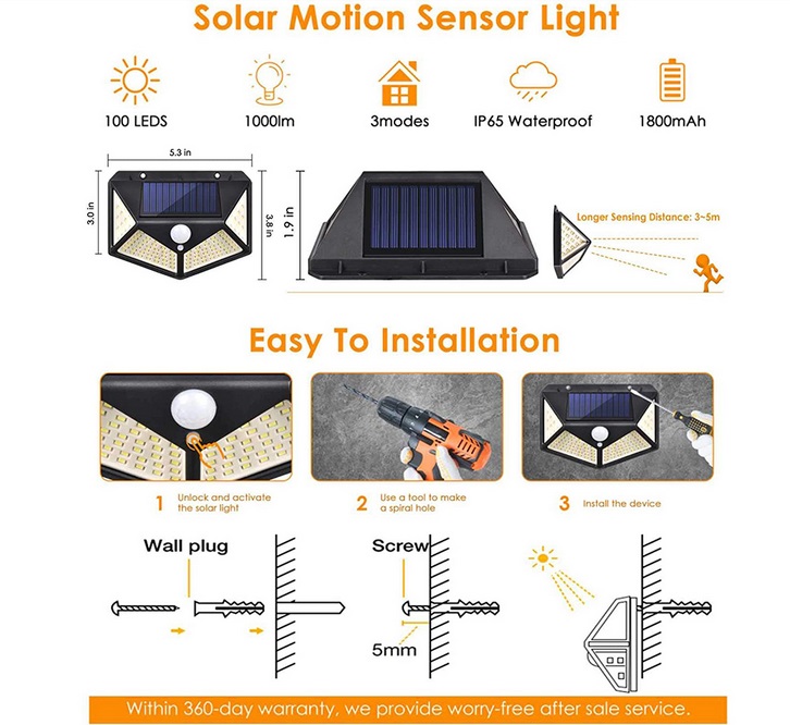 5 pcs 100 LED Solar Power Wall Light Motion Sensor Waterproof Outdoor Garden Lamp